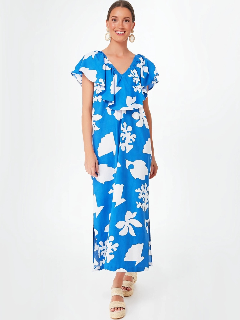 Tuckernuck Tropical Mumu Maxi Dress Caftan Blue White Floral Print Small $248